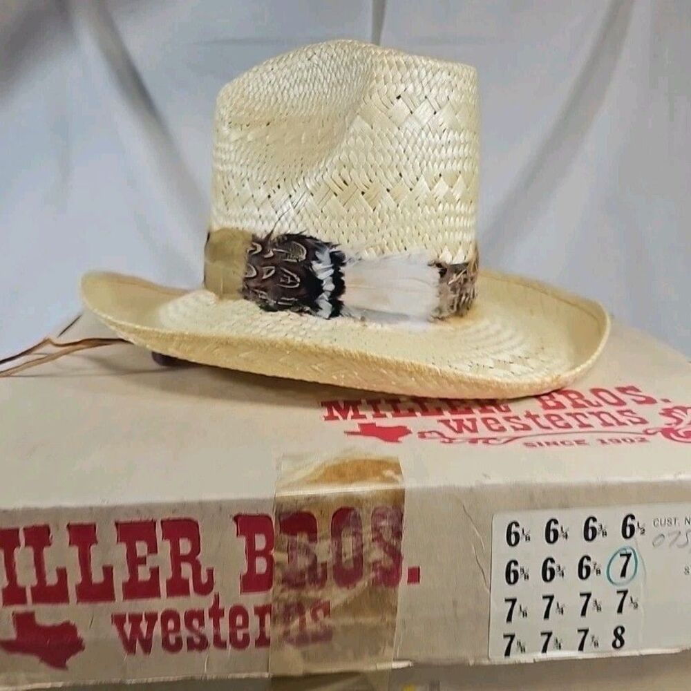 RESISTOL Stagecoach Straw Western Hat 7 Beautiful Feathers "Self Conforming"